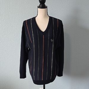 GIORGIO FERRI Vintage Womens Golf Sweater Vneck Sz Large Navy Striped Old Money